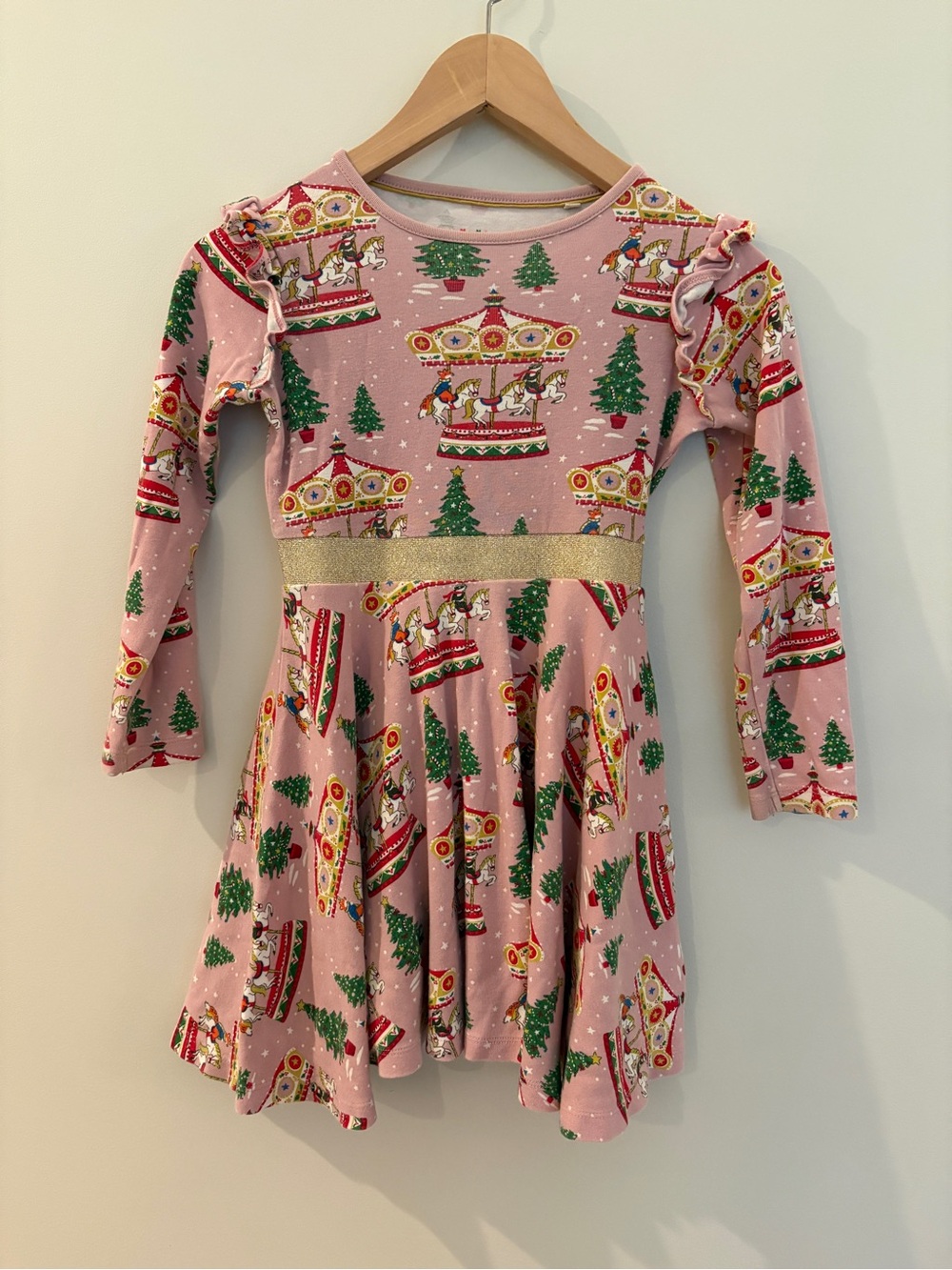 Mini Biden pink Carousel Print Holiday Dress with Gold Waistband